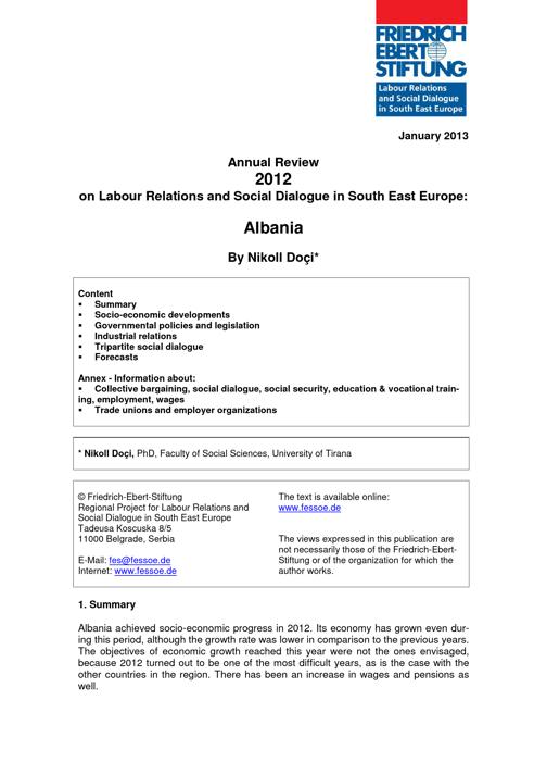Annual review of labour relations and social dialogue / Albania (2012)