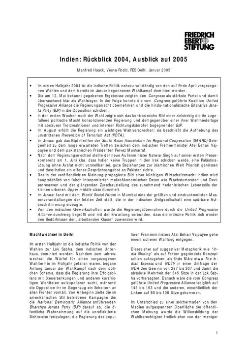 Indien: Rückblick 2004, Ausblick auf 2005