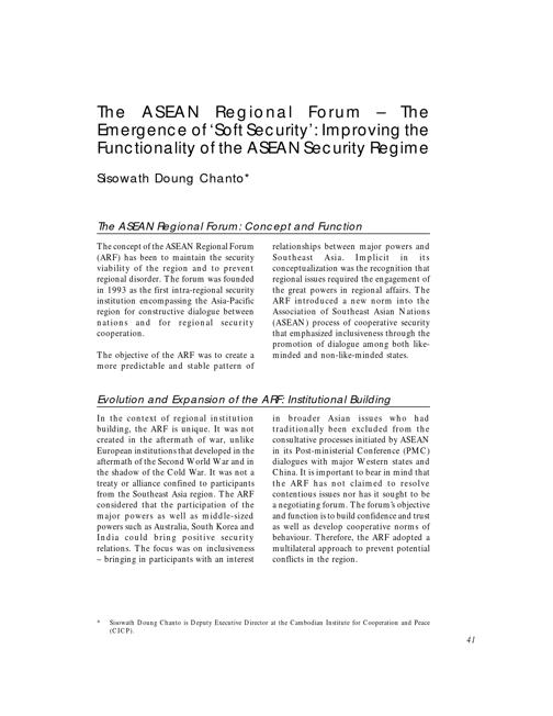 The ASEAN Regional Forum - the emergence of "soft security"