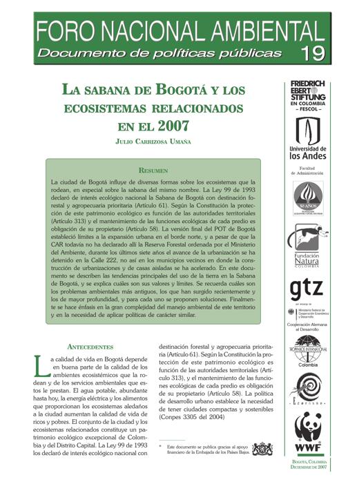 La sabana de Bogotá y los ecosistemas relacionados en el 2007