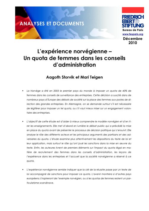 L'expérience norvégienne - un quota de femmes dans les conseils d'administration